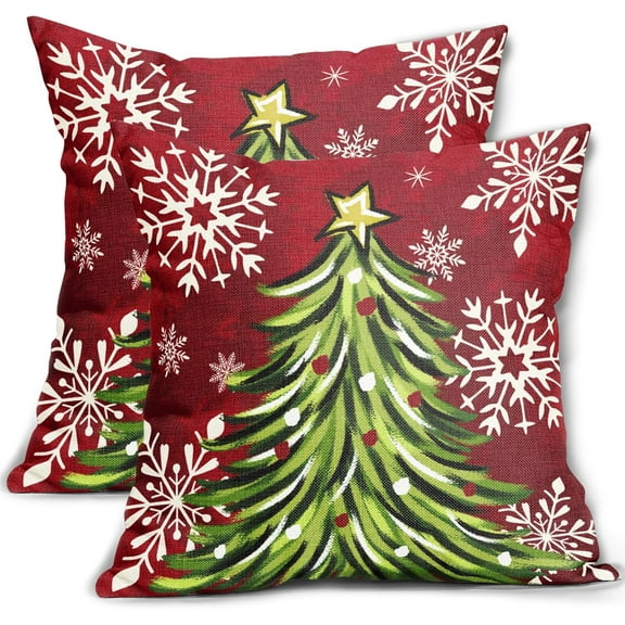 Christmas Pillow Covers 20x20 Inch Set of 2 Dark Red Green Xmas Tree Snowflake Holiday Decorative Winter Throw Pillowcases Outdoor Seasonal Farmhouse Cushion Cases Decor for Sofa Couch Bed