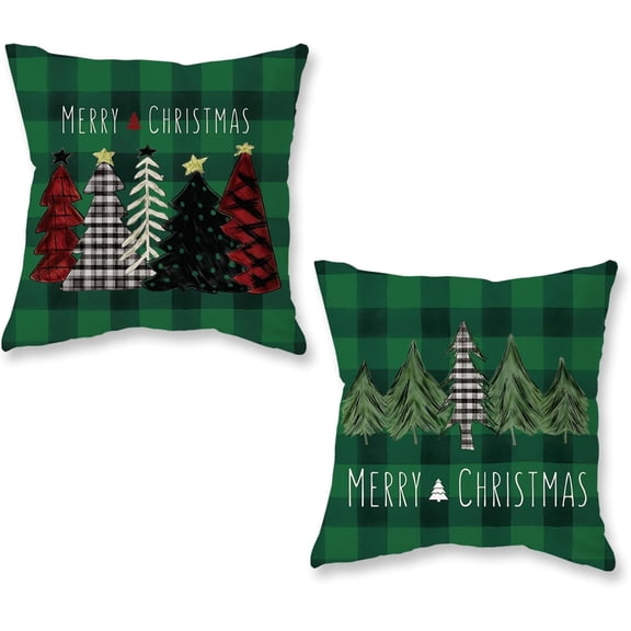 Christmas Pillow Covers 20x20 Inch Set of 2 Trees Red Black Dark Green Buffalo Plaid Decorative Pillowcases Winter Holiday Cushion Cases for Christmas Decorations
