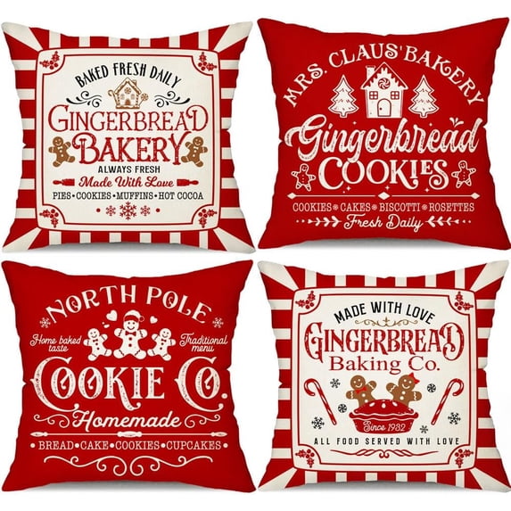 Christmas Pillow Covers 20x20 Inch Set of 4 Gingerbread Bakery Decorative Throw Red Stripe Pillows Covers Merry Christmas Winter Holiday Decor for Couch 155