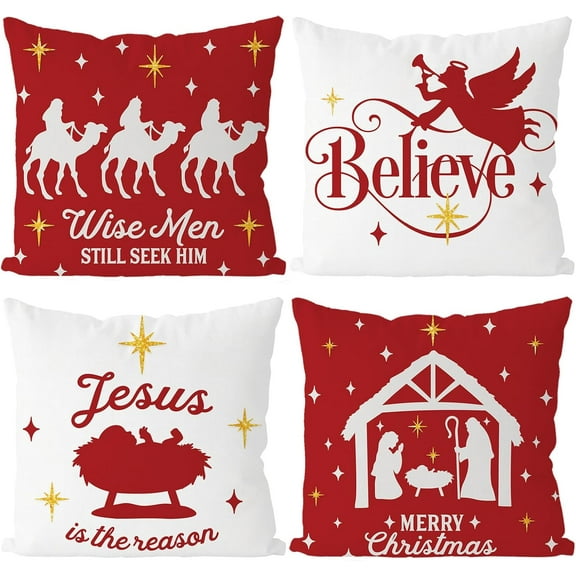 Christmas Pillow Covers 20x20 Inch Set of 4 Navitity Religious Throw Pillow Covers Red And White Christmas Xmas Winter Pillowcase Home Decor Living Room House Decorative Cushion Case for Sofa Couch