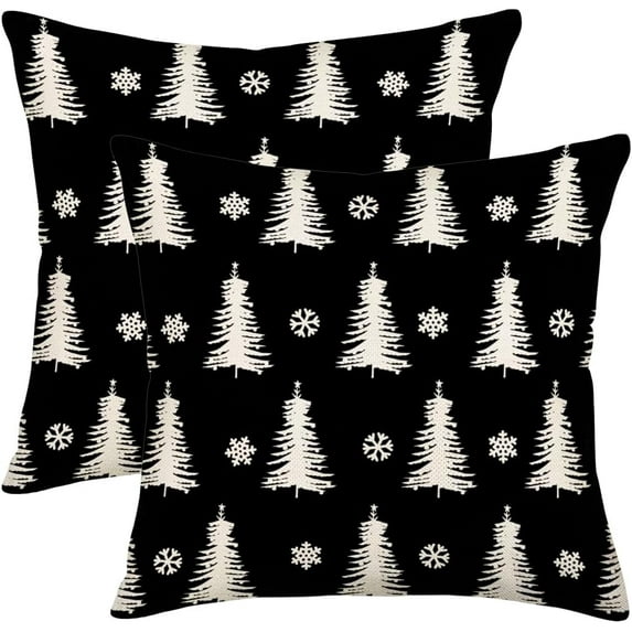 Christmas Pillow Covers 20x20 Set of 2 Christmas Trees Snowflake Pillowcase Cotton Linen Winter Holiday Farmhouse Decorative Cushion Case for Home Sofa Couch Outdoor, Black