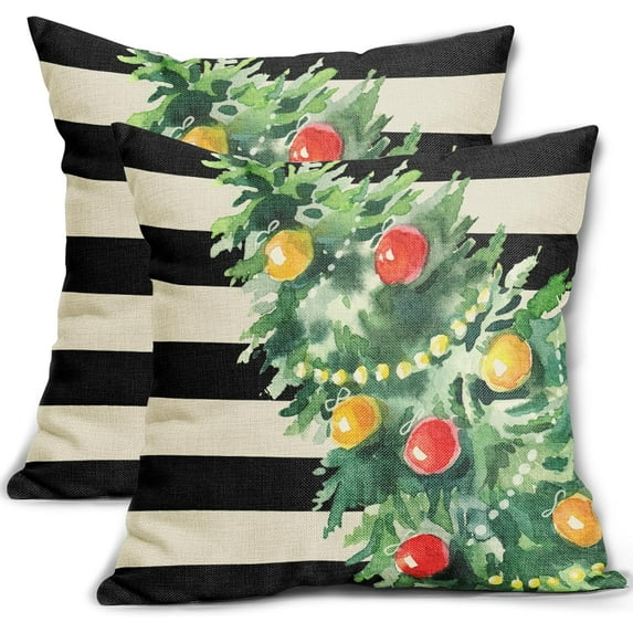 Christmas Pillow Covers 20x20 Set of 2 Green Watercolor Xmas Tree Black Stripes Print Decorative Outdoor Pillowcases Winter Holiday Farmhouse Throw Cushion Case Decor for Couch Sofa Bed