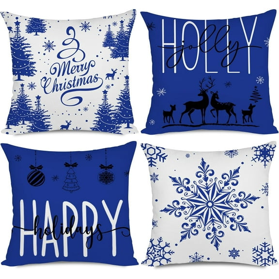 Christmas Pillow Covers 20x20 Set of 4 Farmhouse Christmas Decorations Happy Holidays Holly Jolly Snowflake Merry Christmas Decor Pillow Cover Cushion Case for Couch Sofa(Blue)