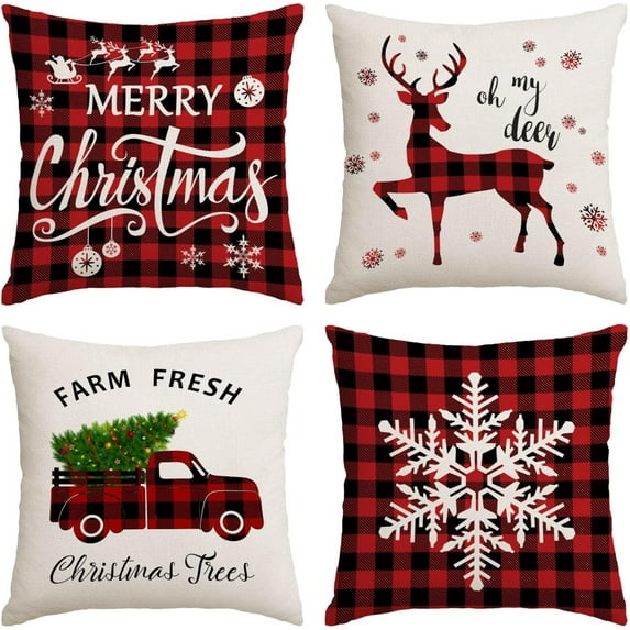 Christmas Pillow Covers 20x20 Set of 4 Red Green Xmas Decorative Throw Pillows Christmas Tree Deer Santa Pillow Cases Home Outdoor Sofa Couch Cushion Covers for Christmas Decorations (20 by 20)