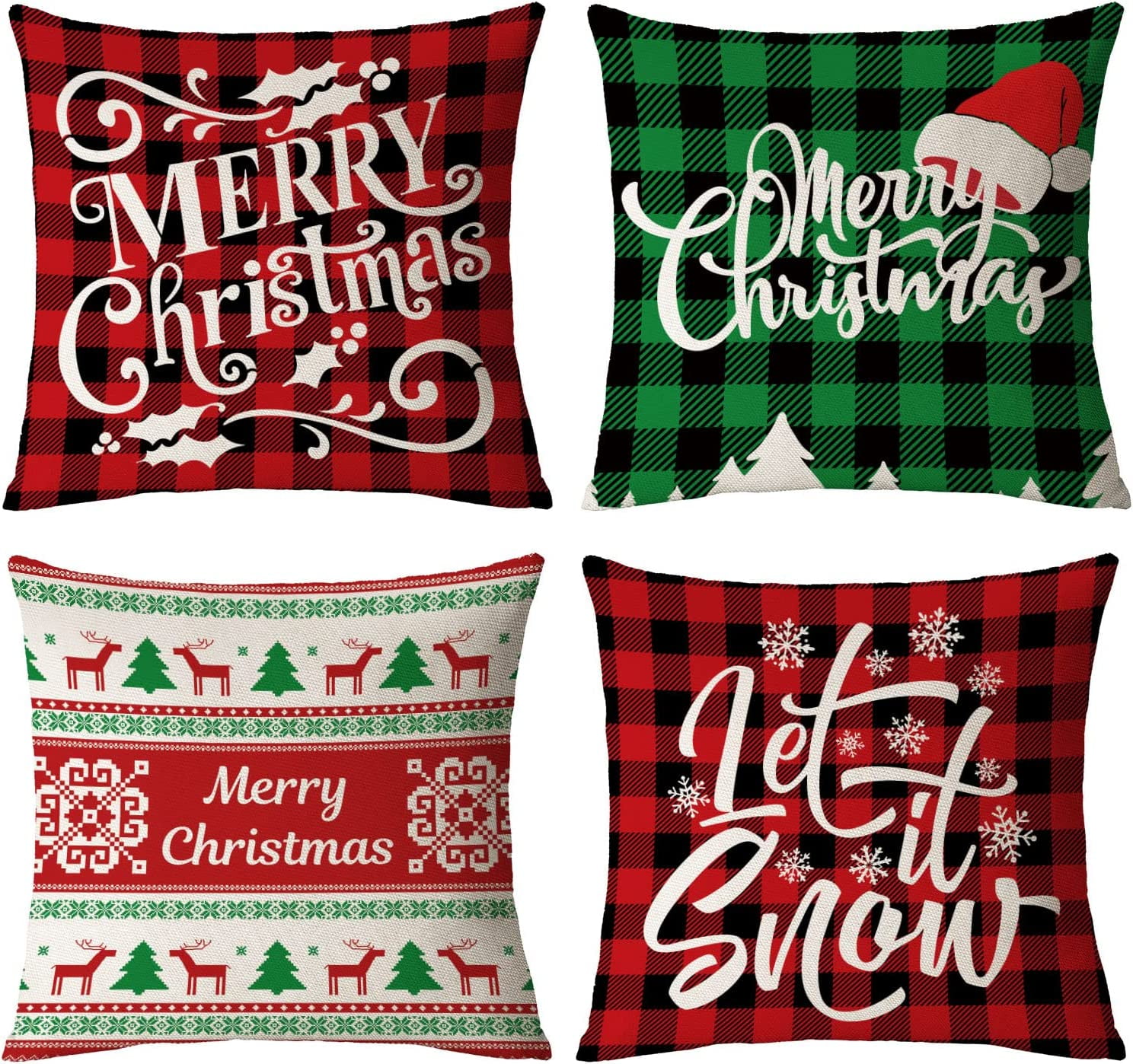 Christmas Pillow Covers 20x20 Set of 4 Red Green Xmas Decorative Throw
