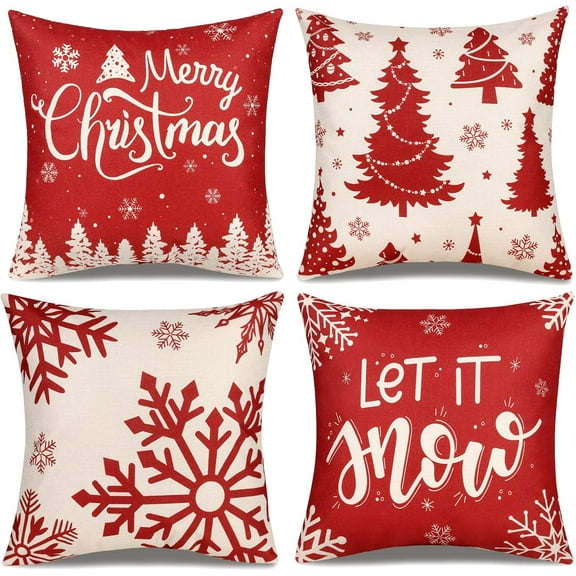 Christmas Pillow Covers 20x20 Set of 4 Red Throw Pillowcase Christmas Decorations Snowflake Farmhouse Linen Cushion Pillow Case for Home Decor Holiday Decorative