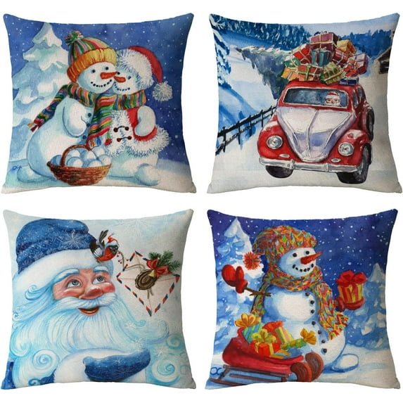 Christmas Pillow Covers 20x20 Set of 4 Xmas Throw Pillows Christmas Snowman Santa Pillow Cases Winter Holiday Pillow Covers Home Outdoor Sofa Couch Cushion Covers for Christmas (20 by 20)