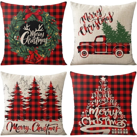 Christmas Pillow Covers 20x20 Set of 4 - Double Sided Printing Linen Christmas Throw Pillow Covers - Christma Decor Cushion Case for Couch