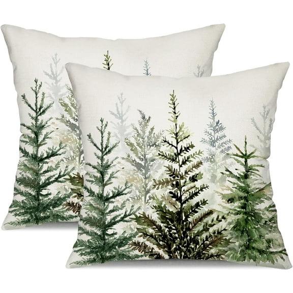 Christmas Pillow Covers 20x20 inch Set of 2 Watercolor Blue Green Christmas Tree Rustic Style Nature Forest Print Decorative Throw Pillows Winter Christmas Decor 32B