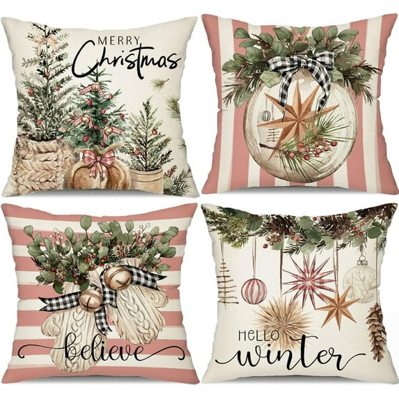 Christmas Pillow Covers 20x20 inch Set of 4 Christmas Tree Gloves Hello Winter Decorative Pink White Stripe Throw Pillow Covers Winter Farmhouse Decoration for Home Couch