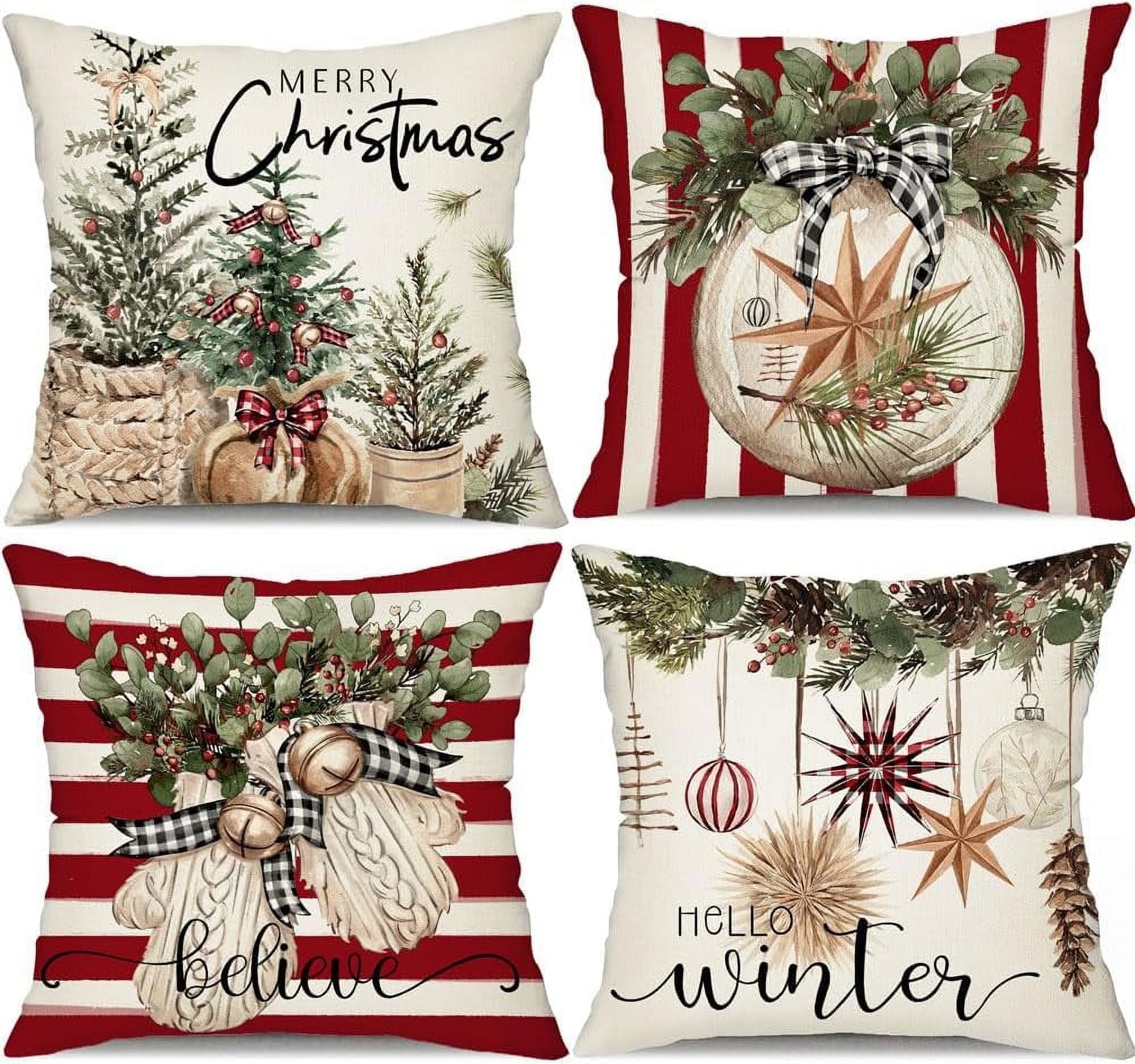 Christmas Pillow Covers 20x20 inch Set of 4 Christmas Tree Gloves Hello Winter Decorative Red White Stripe Throw Pillow Covers Winter Farmhouse Decoration for Home Couch