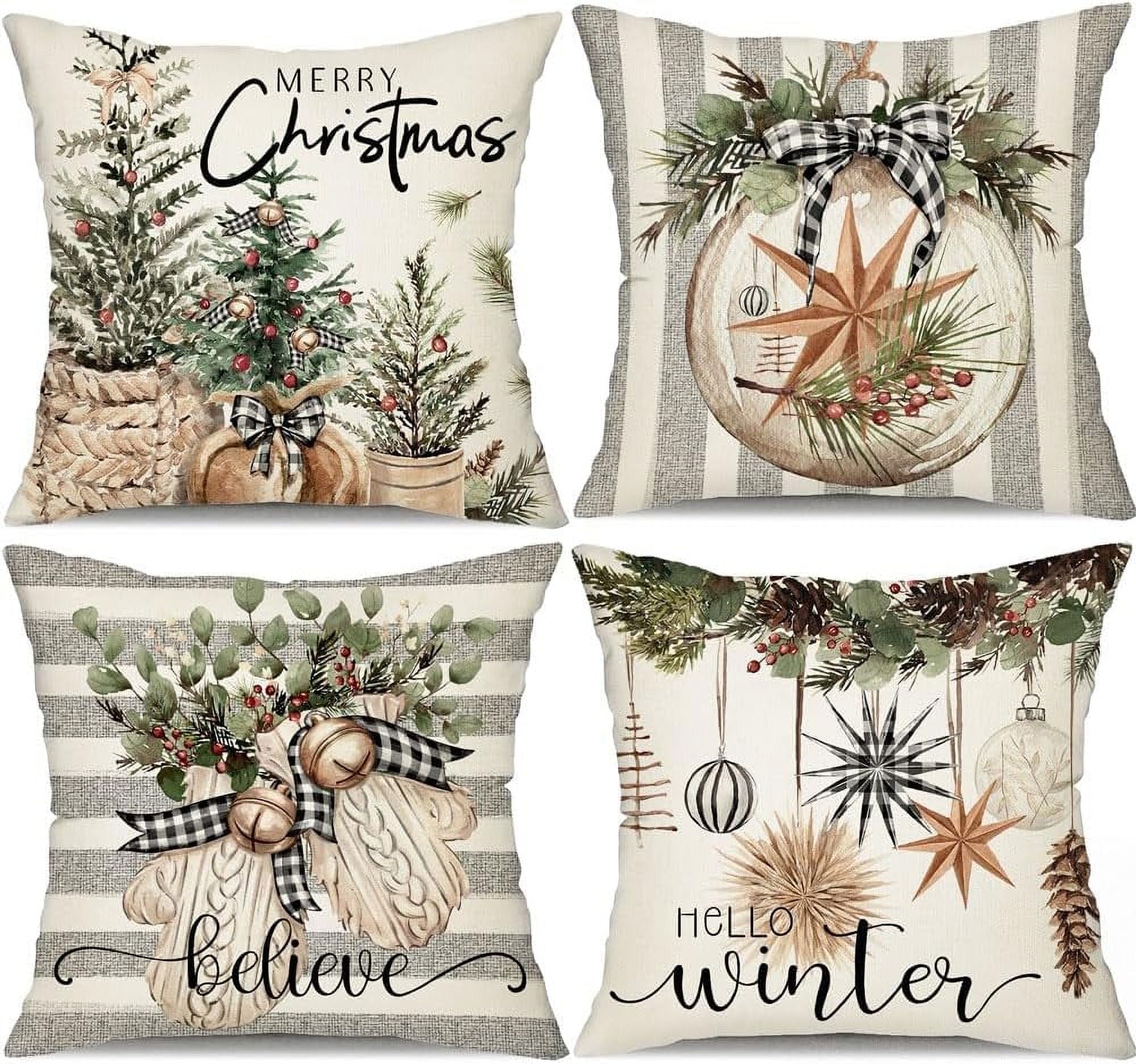 Christmas Pillow Covers 20x20 inch Set of 4 Christmas Tree Gloves Hello Winter Decorative Stripe Throw Pillow Covers Winter Farmhouse Decoration for Home Couch