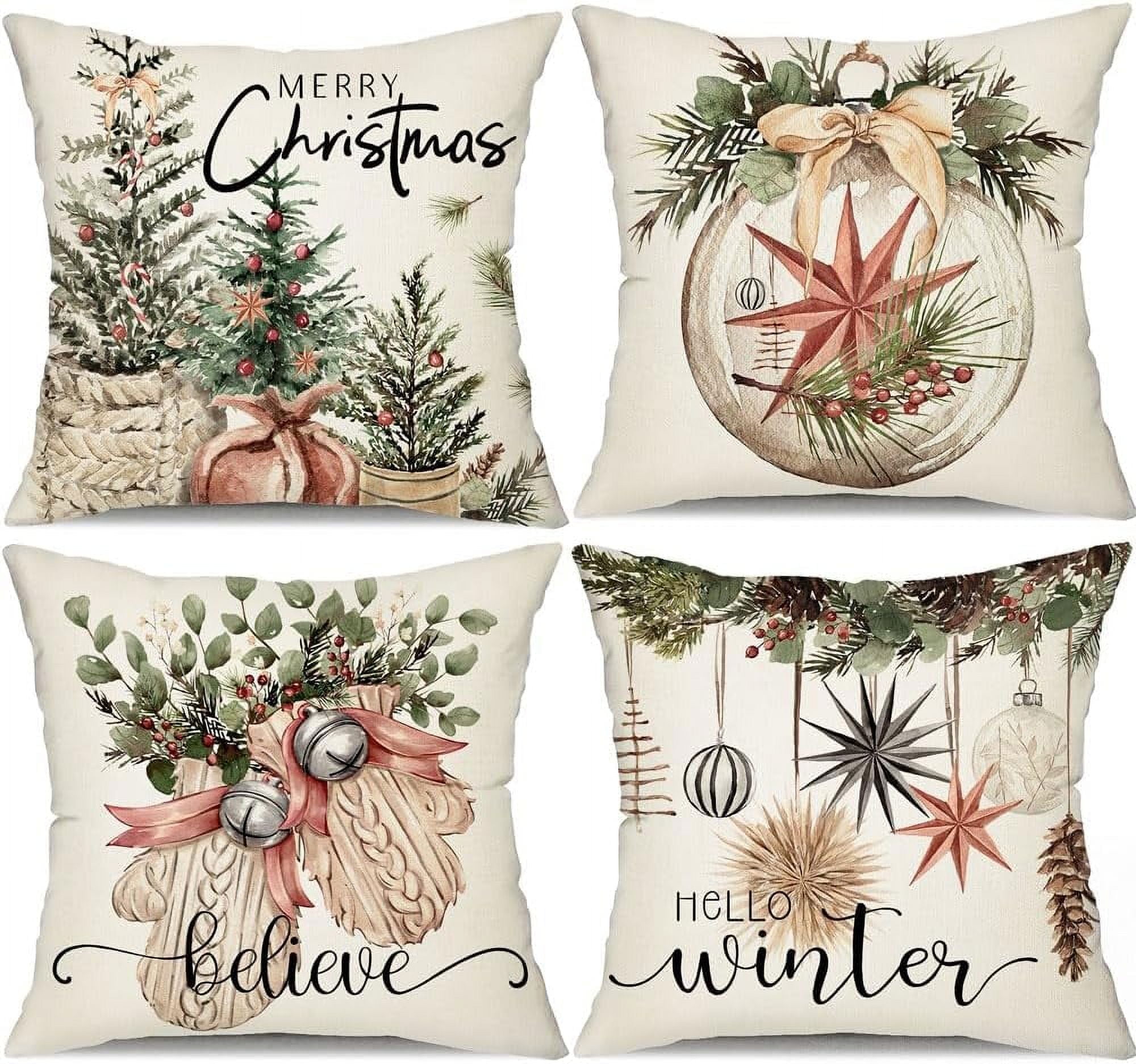 Christmas Pillow Covers 20x20 inch Set of 4 Christmas Tree Gloves Hello Winter Decorative Throw Pillow Covers Winter Farmhouse Decoration for Home Couch