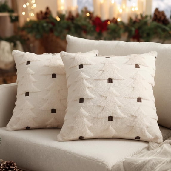 Christmas Pillow Covers 26x26 Inch Set of 2, Christmas Decorations Xmas Tree Soft Plush Fluffy Faux Fur Decorative Throw Pillows Farmhouse Winter Cushion Case Beige Brown