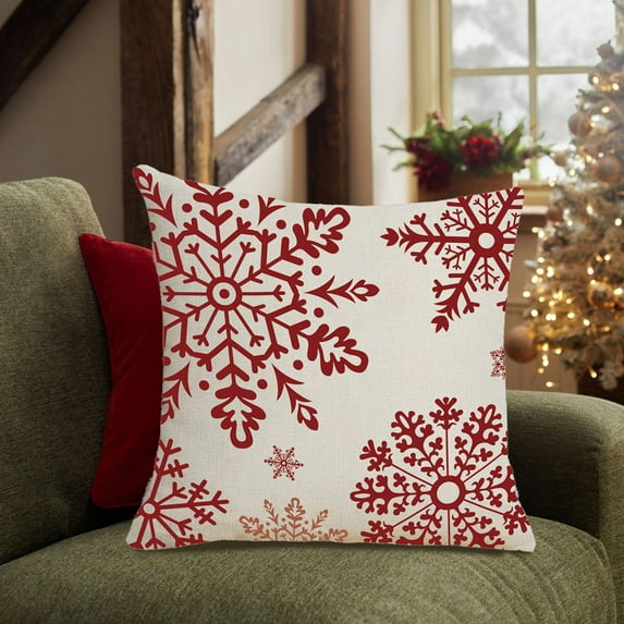 Christmas Pillow Covers, Christmas Throw Pillow Covers, Red and White Snowflake Deer Pattern Decorative Pillow Cases for Home Sofa Couch Bed Car, Flax