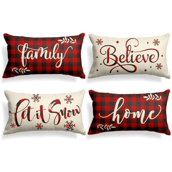 Christmas Pillow Covers, Cleance Niyattn Christmas Winter Pillow Covers Fall Saying Buffalo Plaid Throw Pillow Cover, 12 x 20" Farmhouse Christmas decorative pillows Case for Kitchen Set of 4