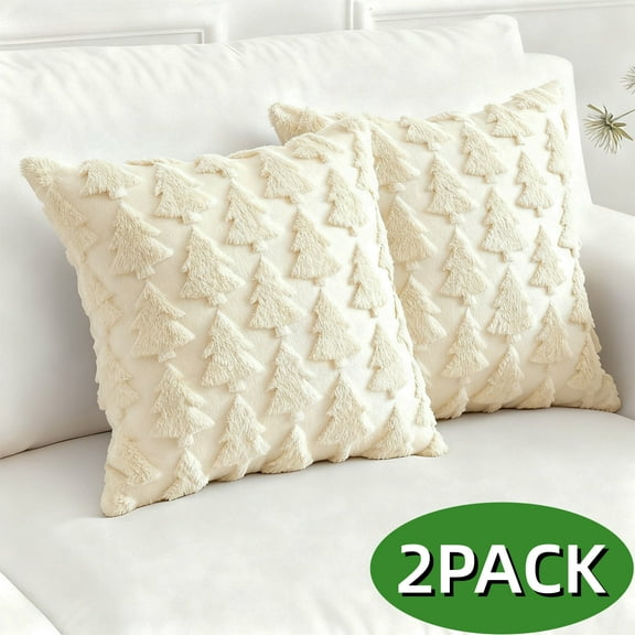 Christmas Pillow Covers Decoration Xmas Soft Plush Faux Fur Throw Pillow Covers for Bedroom Sofa Holiday Festivals Winter Home Decor Beige 18x18 Inch 2 Pcs