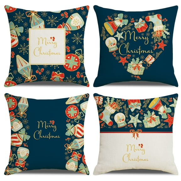 Christmas Pillow Covers Decorations, 4pcs Christmas Pillow Cases Square Throw Cushion Cases for Farmhouse Holiday Party Home Decor, 18x18 inch