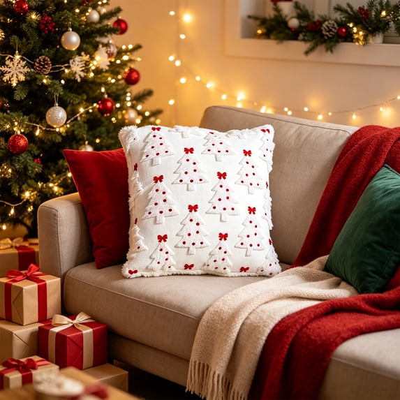 Christmas Pillow Covers, Decorative Throw Pillow Cases, Embroidered Christmas Trees for Couch Bed and Winter Home Styling, 18 x 18 in