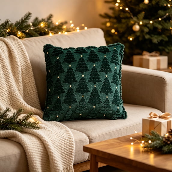 Christmas Pillow Covers, Decorative Throw Pillow Cases, Embroidered Embossed Christmas Trees for Lounge Chair and Winter Home Styling, 18 x 18 in