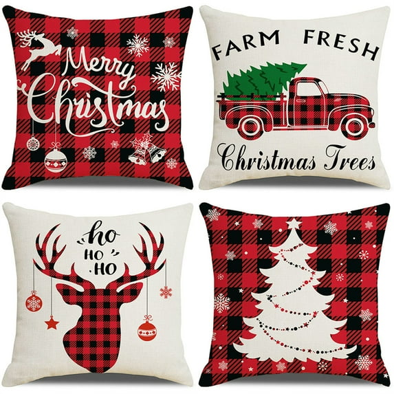 Christmas Pillow Covers, Happiwiz 18 x 18 Inch Set of 4 Farmhouse Black and Red Buffalo Plaid Pillow Covers Holiday Rustic Linen Pillow Case for Sofa Couch Christmas Decorations Throw Pillow Covers