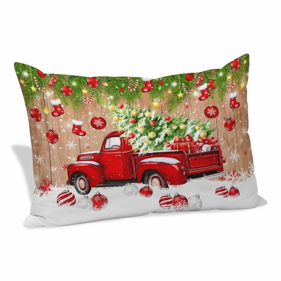 Christmas Pillow Covers, Linen Long Throw Pillow Case, Red Truck Xmas Tree Branch Red Balls Snowflakes Holiday Pillow Protector Decorative Cushion Cover for Living Room/Bedroom 20" x 36"