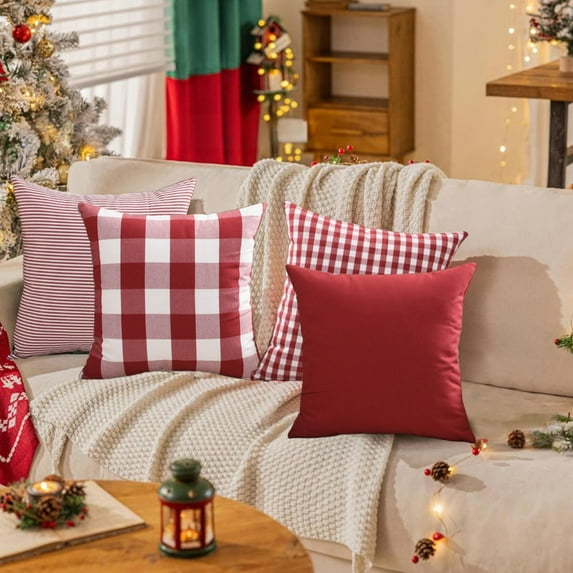 Christmas Pillow Covers Plaid Throw Pillows 18x18 Spring Summer Decorative Pillow Decor for Couch Sofa And Porch Chair Red