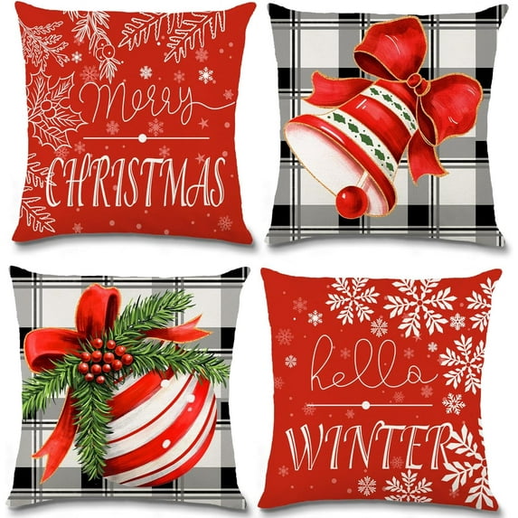 Christmas Pillow Covers Red Pillow Covers Decorations Buffalo Bell Ball Merry Christmas Pillows Hello Winter Holiday Farmhouse Seasonal Throw Case Decor for Sofa Couch