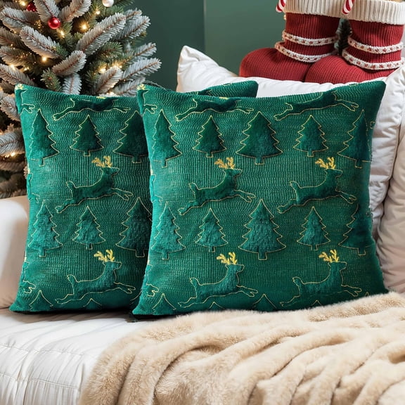 Christmas Pillow Covers Set of 2 Soft Plush Faux Fur Pillow Cases 3D Embroidered Decorative Couch Cover Home Decor Christmas Throw Pillow Covers 18x18,Christmas Green