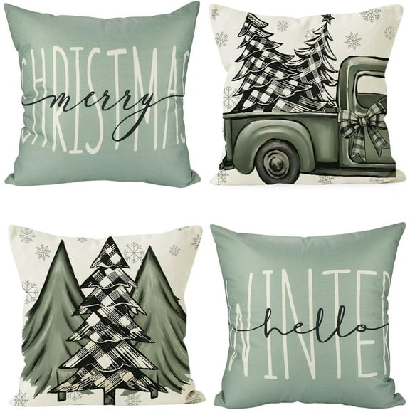 Christmas Pillow Covers Set of 4, 18 x 18 Inches Throw Pillow Covers, Green-Gray Merry Christmas Tree Truck Hello Winter Cushion Case Christmas Decor Xmas Decorations for Sofa Couch
