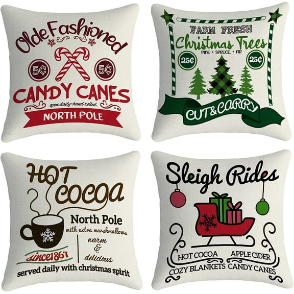 Christmas Pillow Covers Set of 4 18x18 Christmas Trees Candy hot Cocoa Sleigh linens Cotton Decor Throw Pillows Accents Outdoor Farmhouse Patio Home Sofa Couch Holiday Cases Decorations