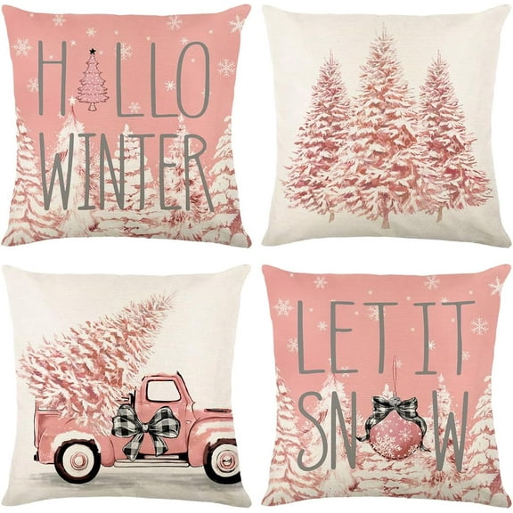 Christmas Pillow Covers Set of 4 for Christmas Decor Xmas Decorative Pillowcase Winter Holiday Throw Cushion Case for Home (Pickup Christmas Tree) (Pink, 20"x20")