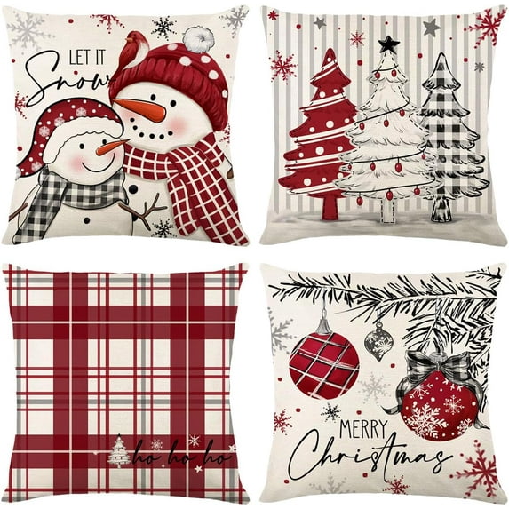 Christmas Pillow Covers Set of 4 for Xmas Decorative Pillowcase Winter Holiday Throw Cushion Case for Home Christmas Decor (Snowman Xmas Tree) (Blue, 18”x18“)