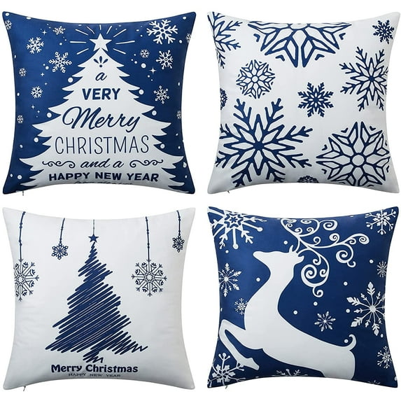 Christmas Pillow Covers Set of 4, 18X18" Christmas Decorations Merry Christmas Snowflake Throw Pillow Covers Deer Xmas Tree Decor, Blue