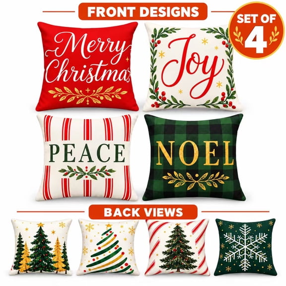 Christmas Pillow Covers Set of 4, Double Sided Christmas Tree Snowflake Plaid Decorative Throw Pillow Covers, Polyester Linen Holiday Decor