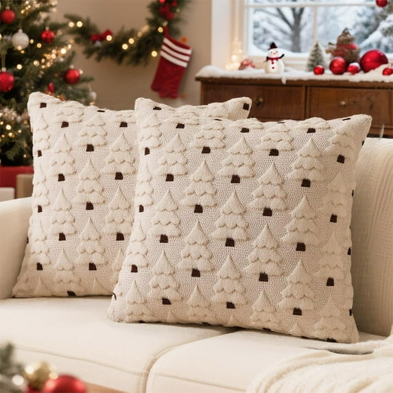 Christmas Pillow Covers with Tree Decoration, 18x18 Faux Fur Wool Throw Pillows Soft Plush Cushion Covers, Holiday Winter Home Sofa Couch Bed Porch (Beige)