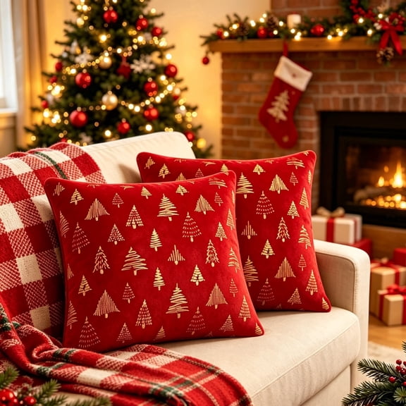 Christmas Pillow Covers, Yamaziot 18x18 in Pillow Cases Set of 2, Christmas Tree Plush Decorative Throw Pillow Covers Red Xmas Home Decor Pillowcases