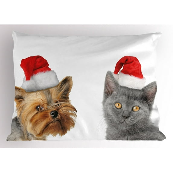 Christmas Pillow Sham Adorable Cat and Dog with Xmas Hats Domestic Pet Animals Holiday Celebration, Decorative Standard Size Printed Pillowcase, 26 X 20 Inches, Orange Grey Red, by Ambesonne