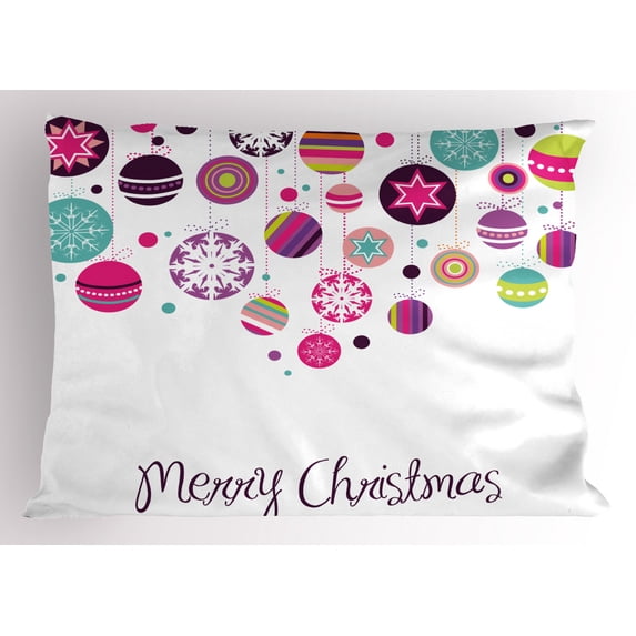Christmas Pillow Sham Colorful Graphic Baubles with Retro Snowflake Ornaments Celebration Hand Writing, Decorative Standard Queen Size Printed Pillowcase, 30 X 20 Inches, Multicolor, by Ambesonne