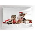 thumbnail image 1 of Christmas Pillow Sham Dog and Cat in Santa Hats with Surprise Boxes and Balls New Year Celebration, Decorative Standard King Size Printed Pillowcase, 36 X 20 Inches, Red White Brown, by Ambesonne, 1 of 2