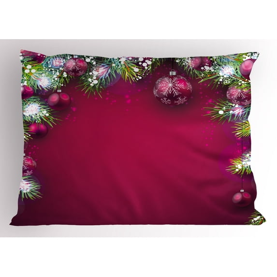 Christmas Pillow Sham Festive Traditional Composition with Fir Branches Vivid Balls Snowflakes, Decorative Standard King Size Printed Pillowcase, 36 X 20 Inches, Magenta Green White, by Ambesonne