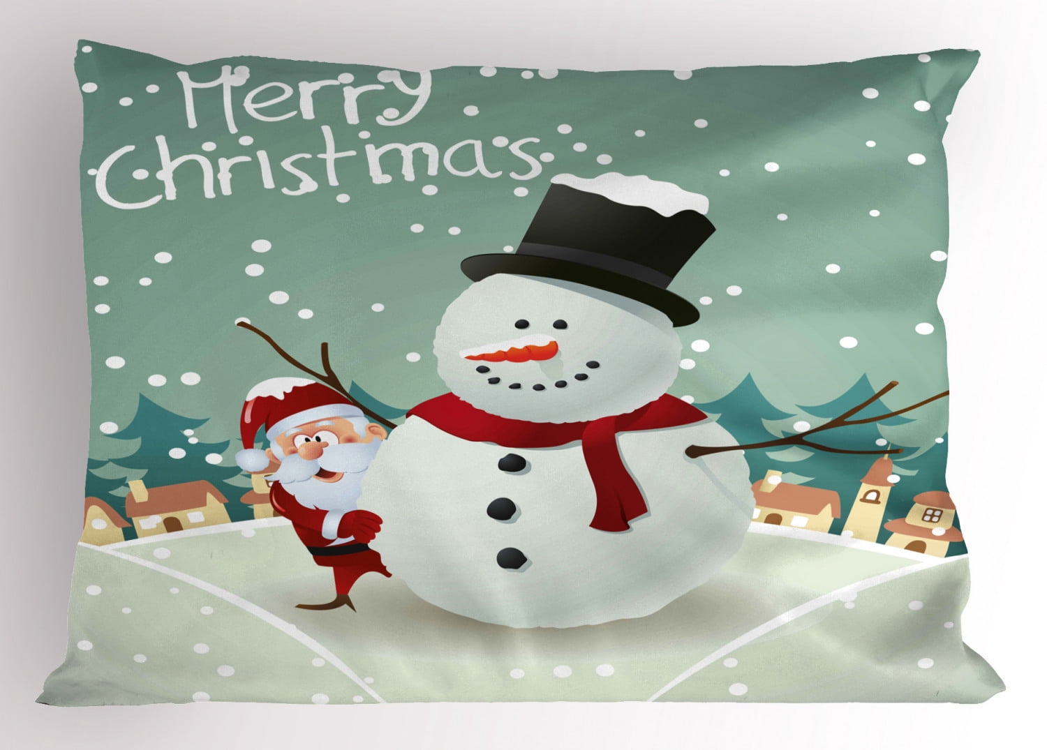 Christmas Pillow Sham Merry Christmas Cartoon with Santa Snowman Pines ...