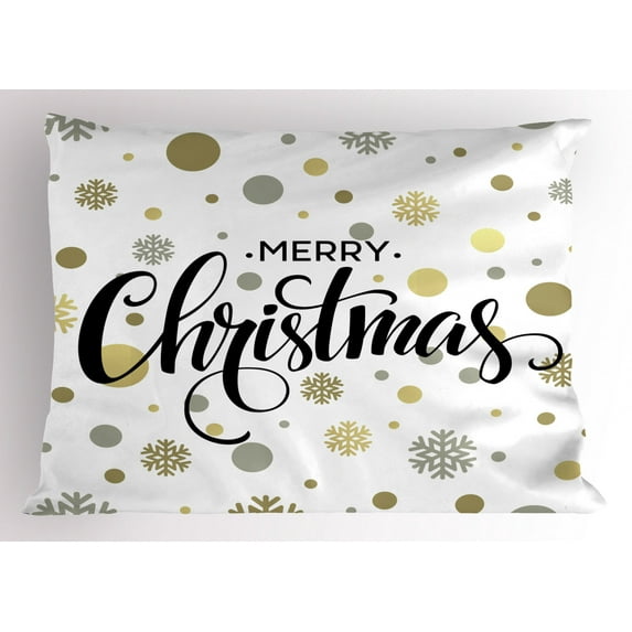 Christmas Pillow Sham Merry Christmas Stylized Lettering on Abstract Modern Snowflake Dot Pattern, Decorative Standard King Size Printed Pillowcase, 36 X 20 Inches, Gold Taupe Black, by Ambesonne