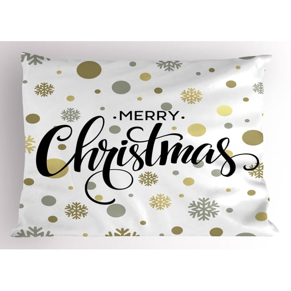 Christmas Pillow Sham Merry Christmas Stylized Lettering on Abstract Modern Snowflake Dot Pattern, Decorative Standard Queen Size Printed Pillowcase, 30 X 20 Inches, Gold Taupe Black, by Ambesonne
