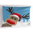 thumbnail image 1 of Christmas Pillow Sham Reindeer Rudolph with Red Nose and Santa Claus Hat Snowy Forest, Decorative Standard Size Printed Pillowcase, 26 X 20 Inches, Pale Blue Red Pale Brown, by Ambesonne, 1 of 2