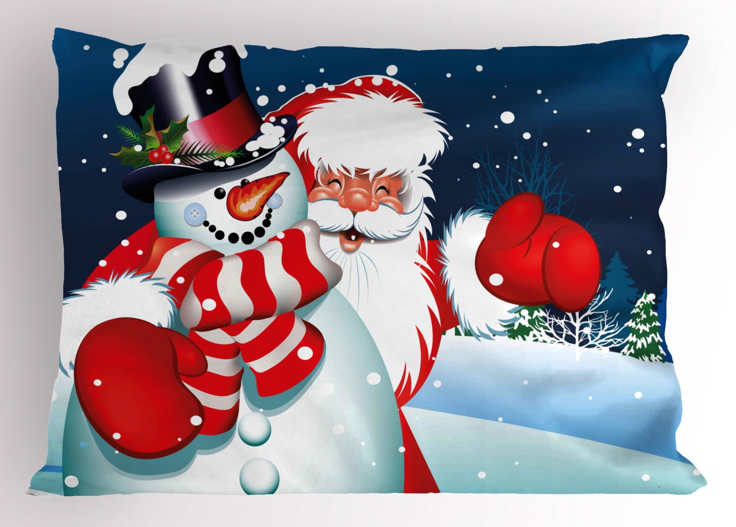 Christmas Pillow Sham Smiling Santa Claus Hugging Snowman in Cartoon ...