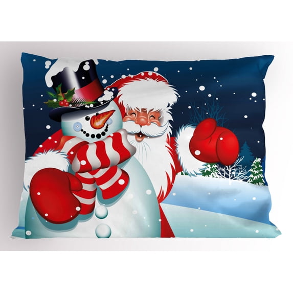 Christmas Pillow Sham Smiling Santa Claus Hugging Snowman in Cartoon Style Winter Hills Fir Trees, Decorative Standard Size Printed Pillowcase, 26 X 20 Inches, Blue Red White, by Ambesonne