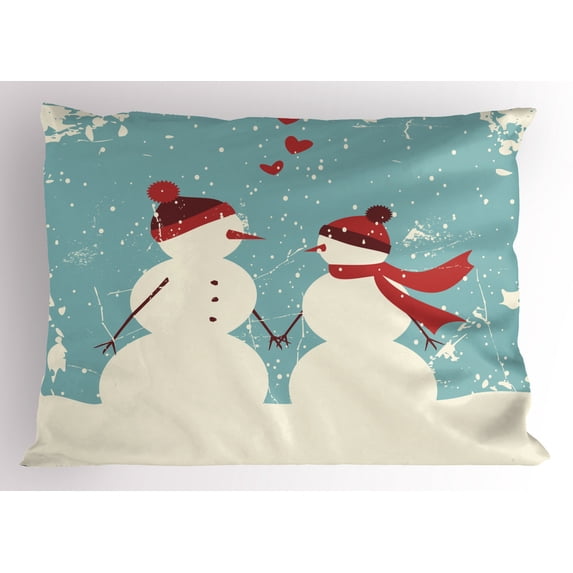 Christmas Pillow Sham Snowman and Woman Romantic Couple In Love Holding Hands Grunge Display, Decorative Standard Queen Size Printed Pillowcase, 30 X 20 Inches, Seafoam Red Cream, by Ambesonne