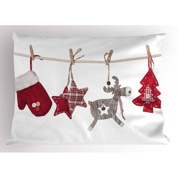 Christmas Pillow Sham Traditional Xmas Celebration Items Hanging from Rope with Clothespins Retro, Decorative Standard King Size Printed Pillowcase, 36 X 20 Inches, Red Cream Tan, by Ambesonne
