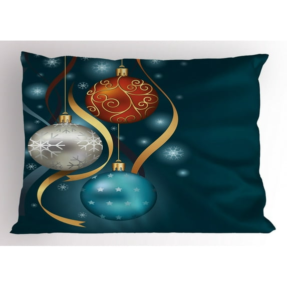 Christmas Pillow Sham Vivid Classical Baubles with Ribbons and Different Patterns Abstract, Decorative Standard Queen Size Printed Pillowcase, 30 X 20 Inches, Petrol Blue Grey Red, by Ambesonne